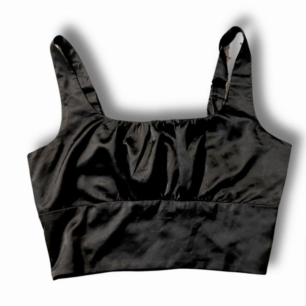 Black satin cropped tank top